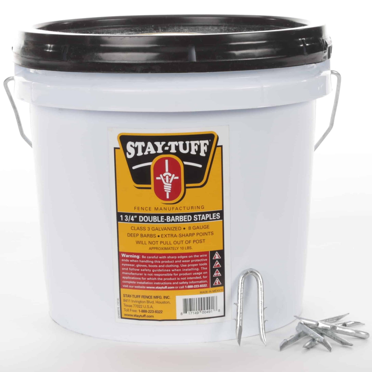 A white container with a black lid labeled 'STAY-TUFF' filled with barbed staples for fencing.