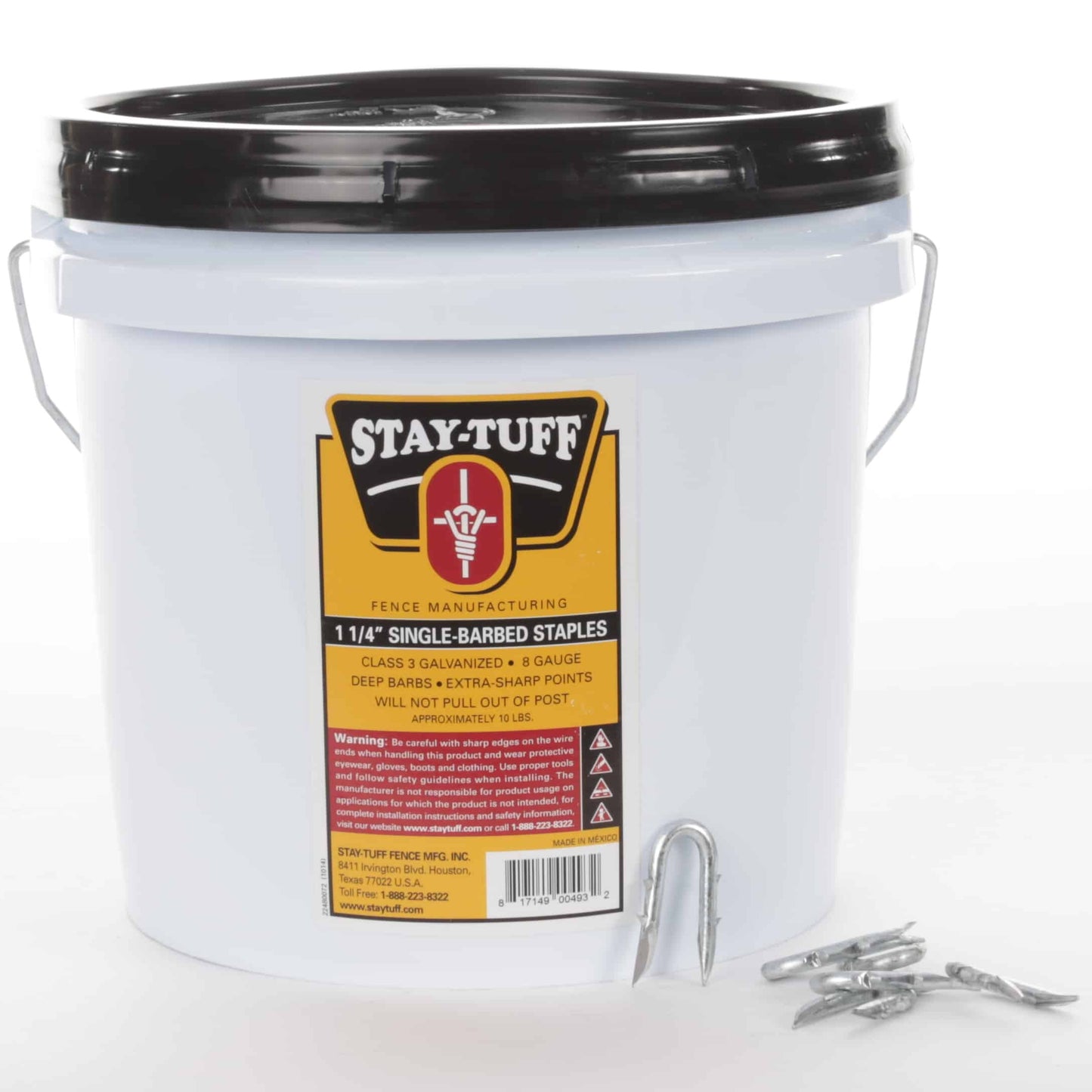 A white container with a black lid labeled 'STAY-TUFF' filled with barbed staples for fencing.