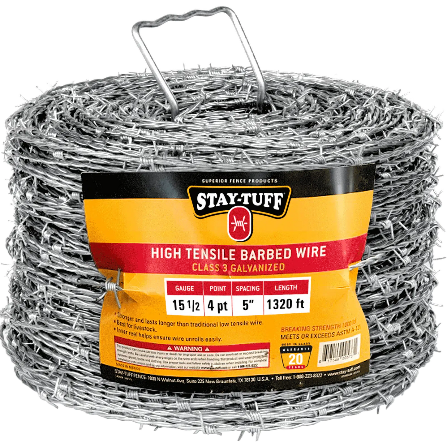 A spool of high tensile barbed wire, coiled and supported by metal holders.