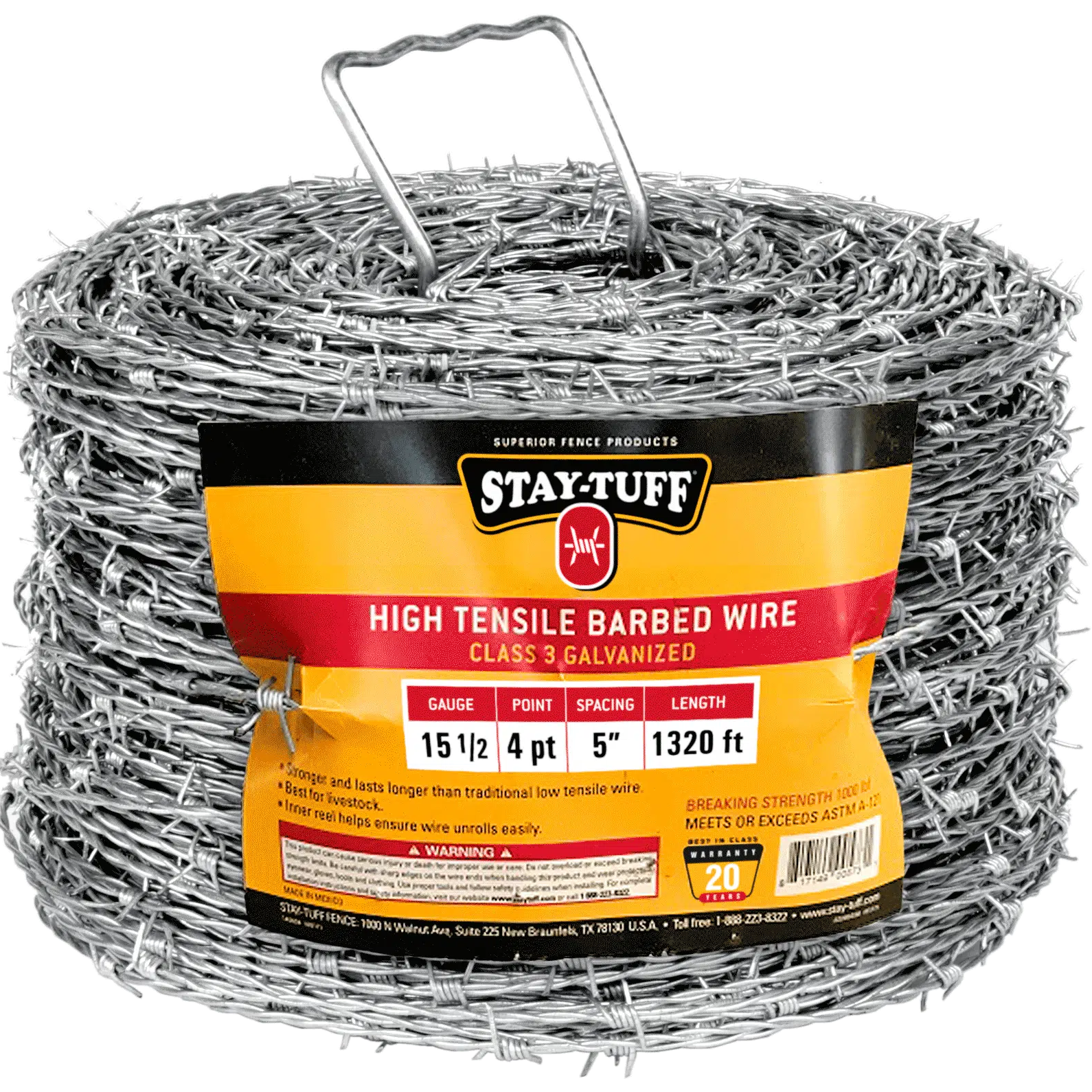 A spool of high tensile barbed wire, coiled and supported by metal holders.