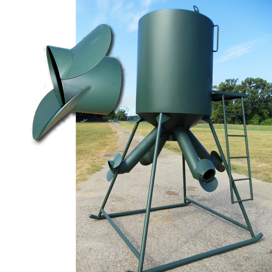 A green colored animal feeder mounted on a stand, designed to eliminate feed waste.