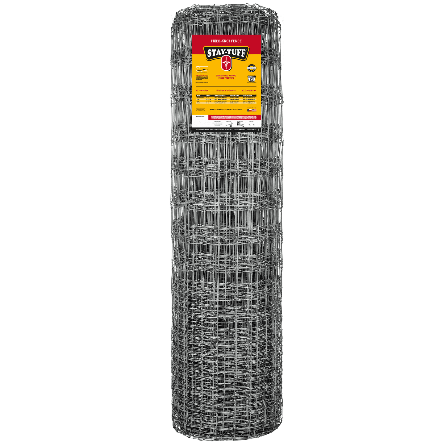 A roll of STAY-TUFF fixed-knot fencing, which is a type of elk, bison, wildlife fencing, with a product label visible on the top