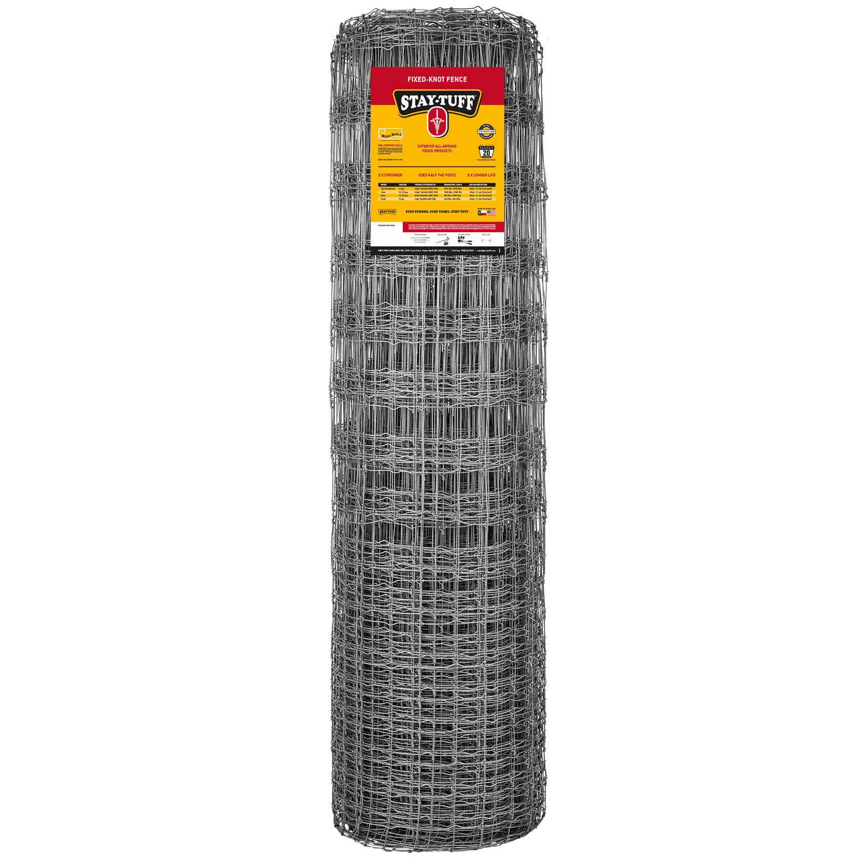 A roll of STAY-TUFF fixed-knot fencing, which is a type of elk, bison, wildlife fencing, with a product label visible on the top