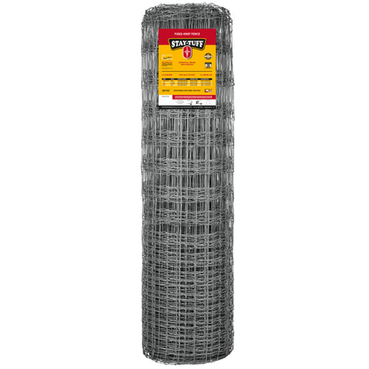 A roll of STAY-TUFF fixed-knot fencing, which is a type of elk, bison, wildlife fencing, with a product label visible on the top