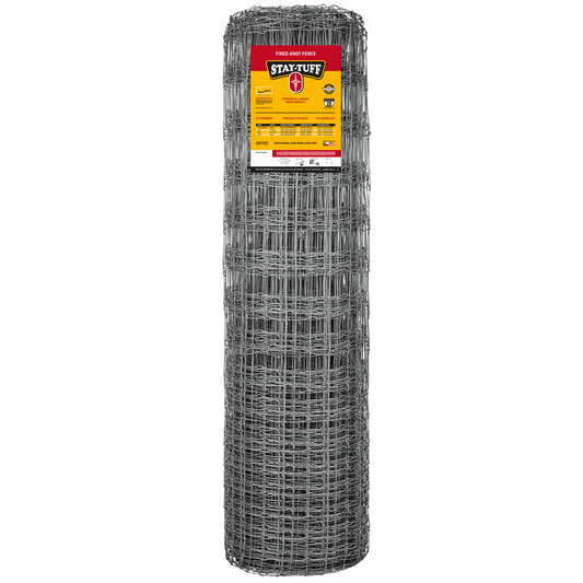 A roll of STAY-TUFF fixed-knot fencing, which is a type of elk, bison, wildlife fencing, with a product label visible on the top