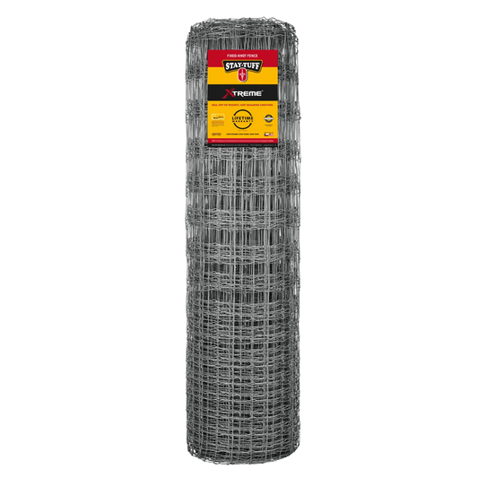 A roll of silver-colored Stay-Tuff fixed-knot wire fence.
