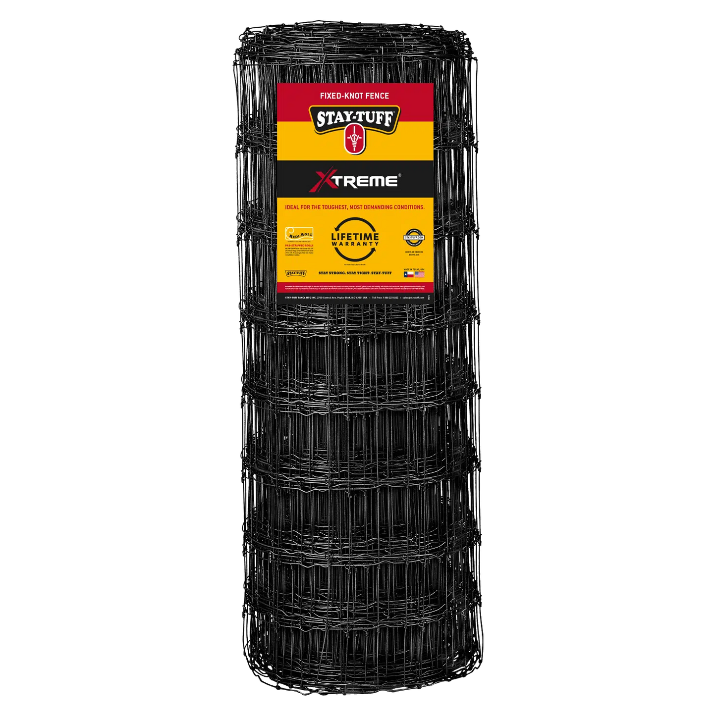 A roll of STAY-TUFF black coated fixed-knot fencing, with a product label visible on the top