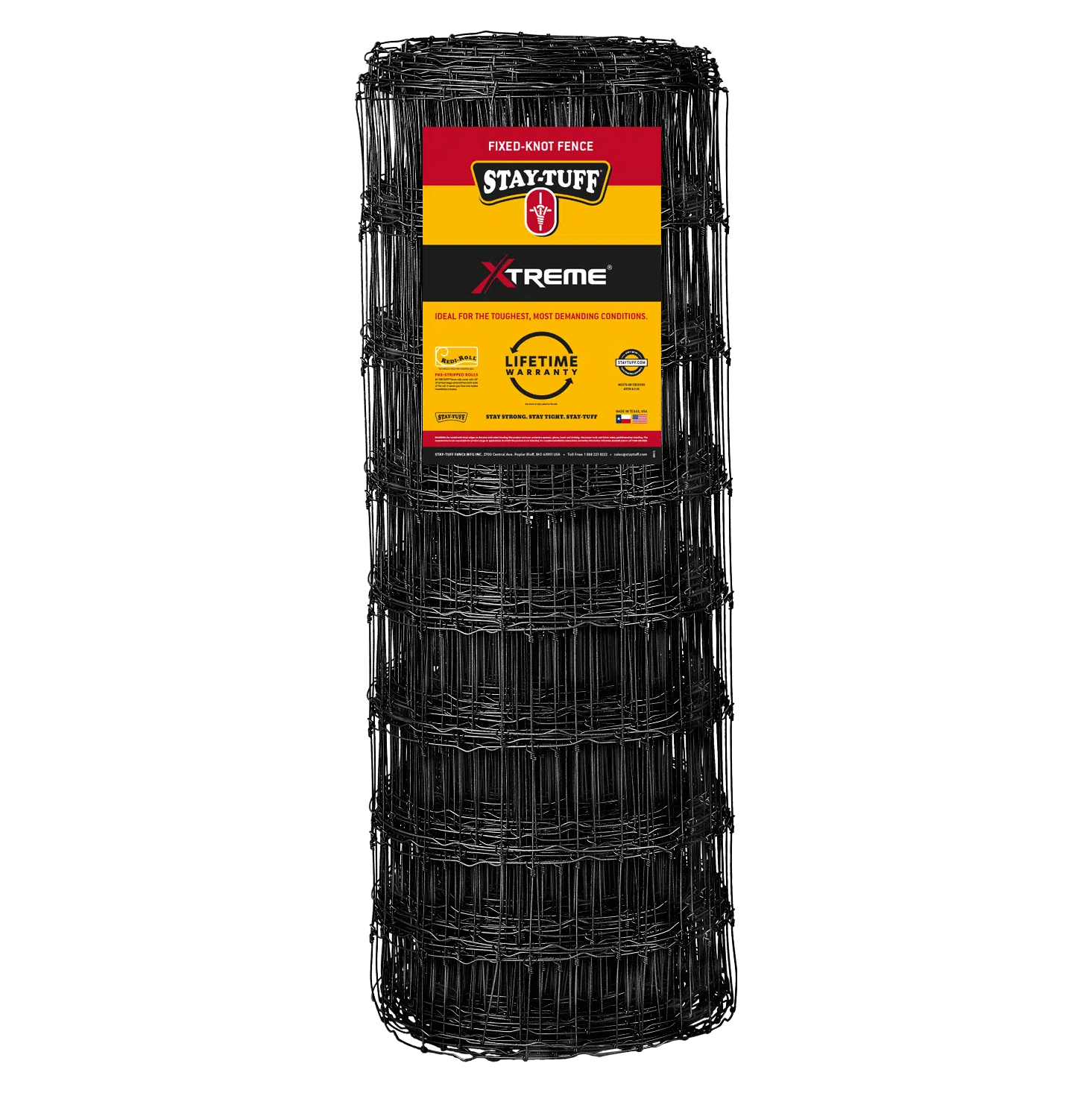 A roll of STAY-TUFF black coated fixed-knot fencing, with a product label visible on the top