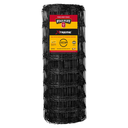 A roll of STAY-TUFF black coated fixed-knot fencing, with a product label visible on the top