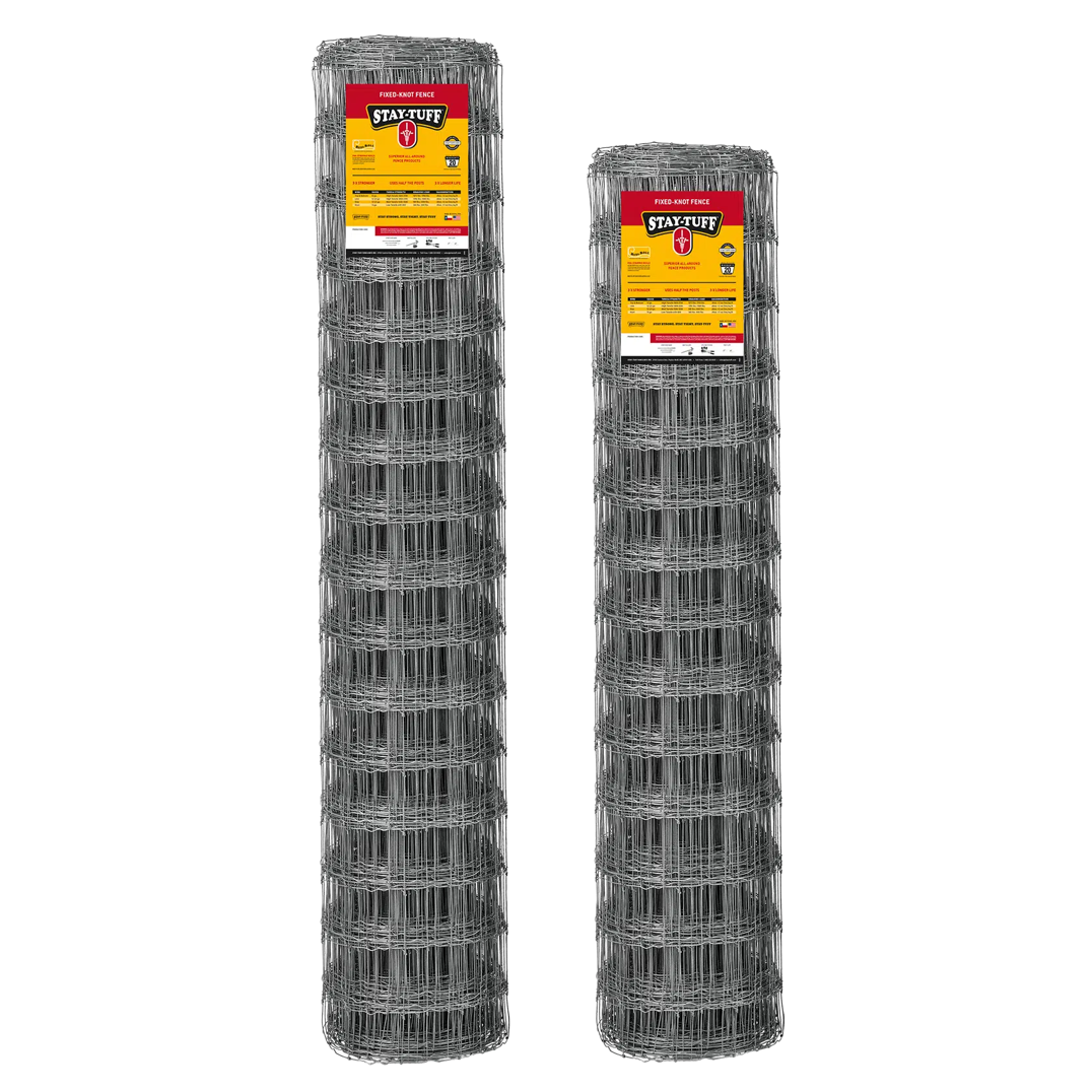 Two rolls of Stay-Tuff Solar Array Fixed Knot fencing, with branding labels attached to the top of each roll.