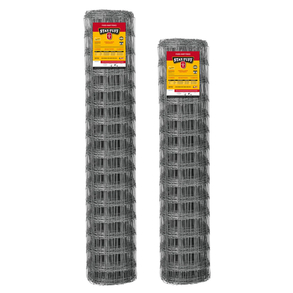 Two rolls of Stay-Tuff Solar Array Fixed Knot fencing, with branding labels attached to the top of each roll.
