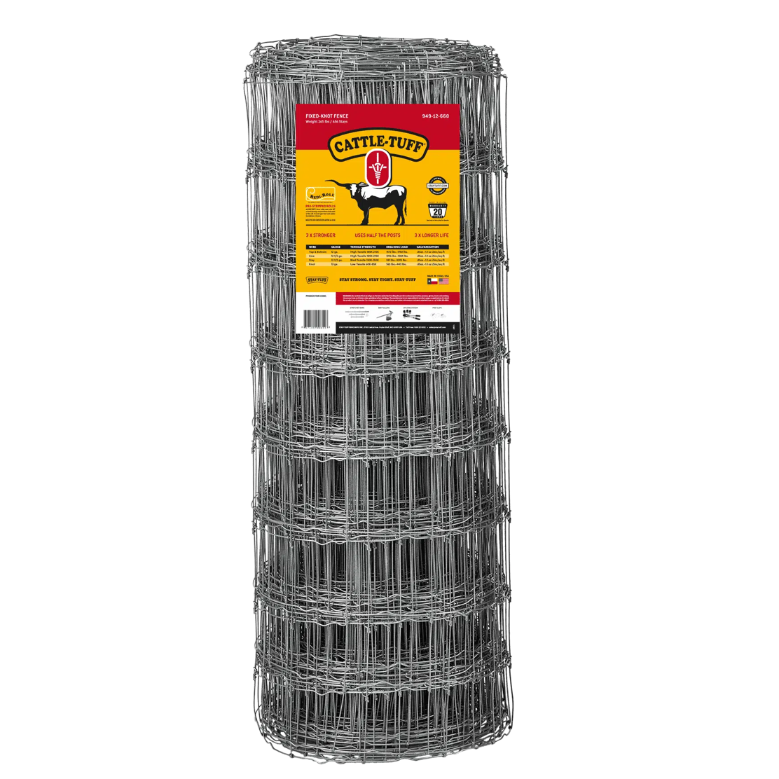 A roll of silver metal livestock fence, branded as 'Cattle-Tuff', coiled and standing vertically.