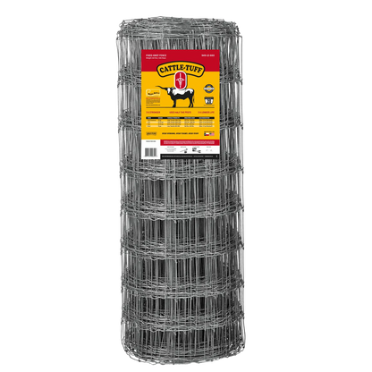 A roll of silver metal livestock fence, branded as 'Cattle-Tuff', coiled and standing vertically.