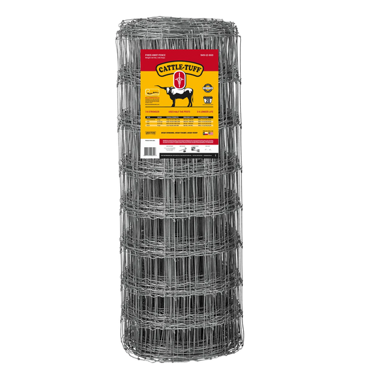 A roll of silver metal livestock fence, branded as 'Cattle-Tuff', coiled and standing vertically.