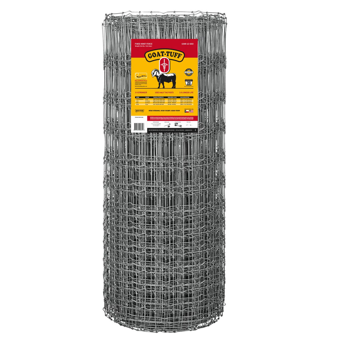 A roll of silver-colored goat fencing, branded as 'Goat-Tuff', designed for use in goat ranching.