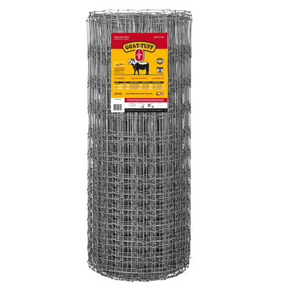 A roll of silver-colored goat fencing, branded as 'Goat-Tuff', designed for use in goat ranching.