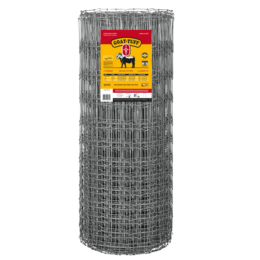 A roll of silver-colored goat fencing, branded as 'Goat-Tuff', designed for use in goat ranching.