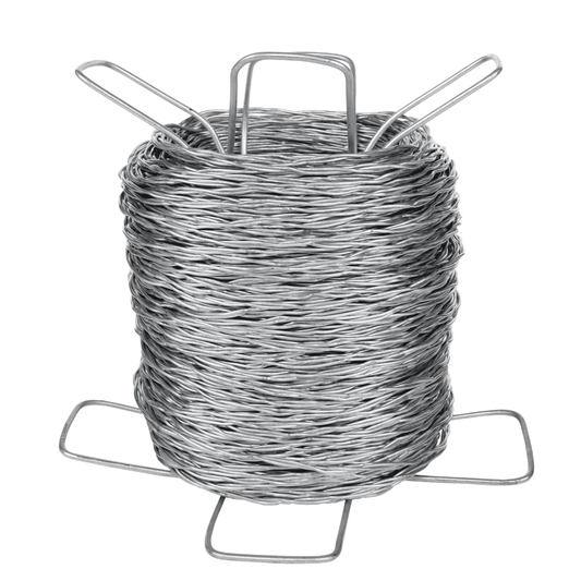 A spool of high tensile barbless wire, coiled and supported by metal holders.