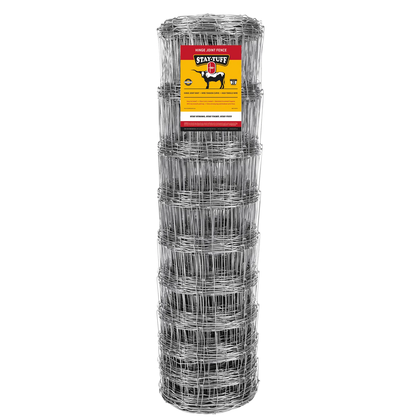 A roll of STAY-TUFF hinge joint fencing, which is a type of cattle fencing, with a product label visible on the top