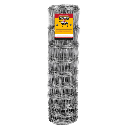 A roll of STAY-TUFF hinge joint fencing, which is a type of cattle fencing, with a product label visible on the top