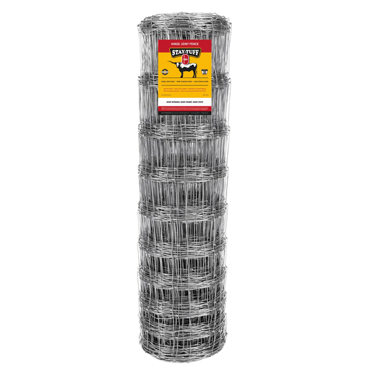 A roll of STAY-TUFF hinge joint fencing, which is a type of cattle fencing, with a product label visible on the top