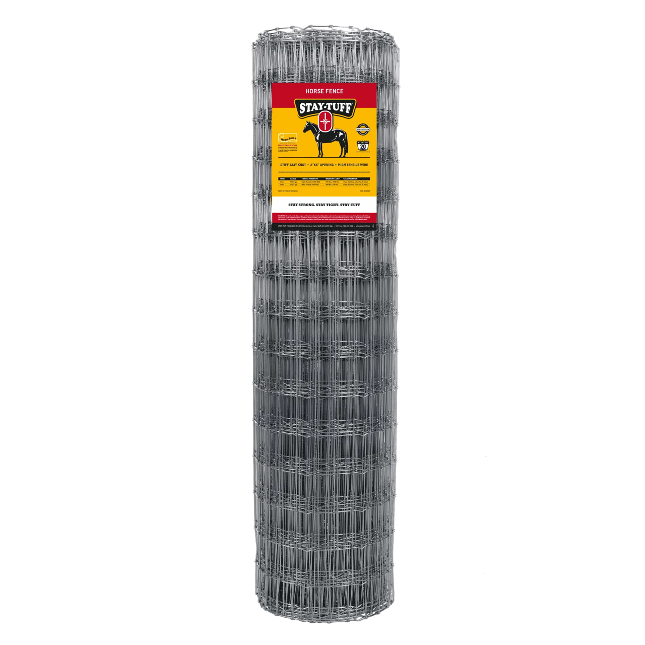A roll of STAY-TUFF horse fencing, which is a type of horse fencing, with a product label visible on the top