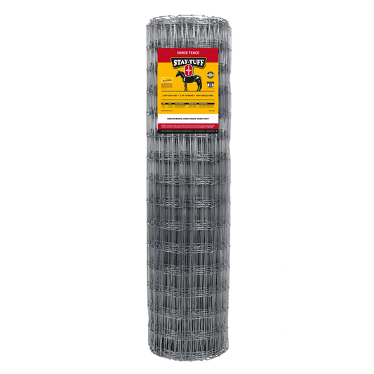 A roll of STAY-TUFF horse fencing, which is a type of horse fencing, with a product label visible on the top