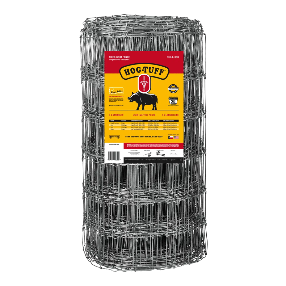 A roll of silver hog fence with a label that includes the brand name 'Hog-Tuff' and an image of a pig, indicating the product is used for fencing.