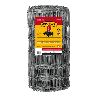 A roll of silver hog fence with a label that includes the brand name 'Hog-Tuff' and an image of a pig, indicating the product is used for fencing.