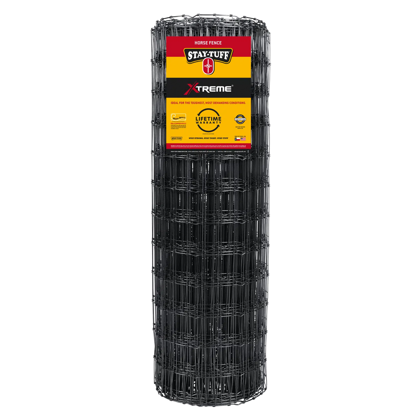A roll of black horse fencing with the Stay-Tuff brand label on it.