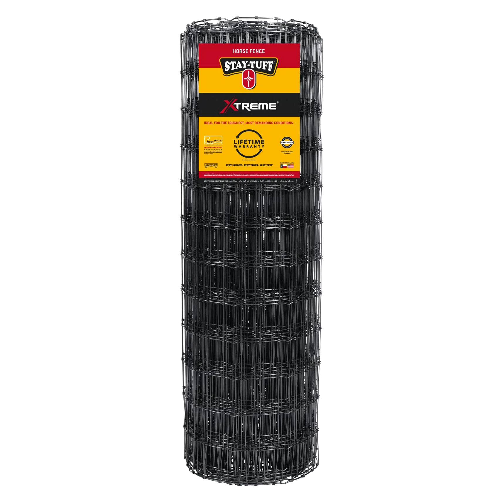 A roll of black horse fencing with the Stay-Tuff brand label on it.