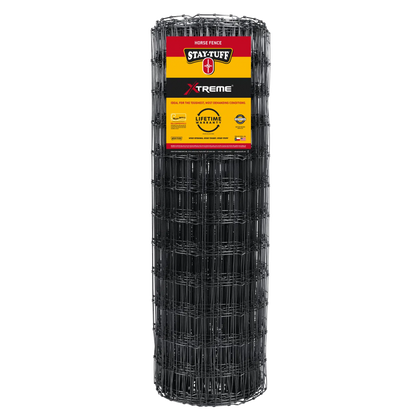 A roll of black horse fencing with the Stay-Tuff brand label on it.