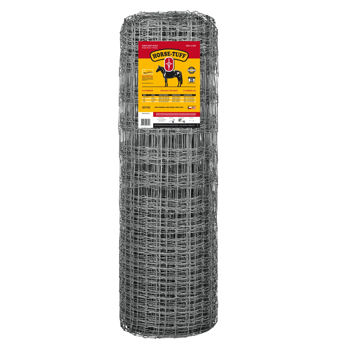 A roll of metal horse fencing with the Stay-Tuff brand label on it.