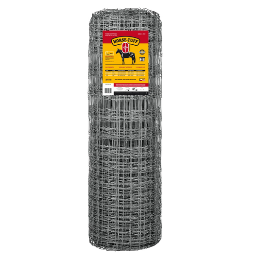 A roll of metal horse fencing with the Stay-Tuff brand label on it.