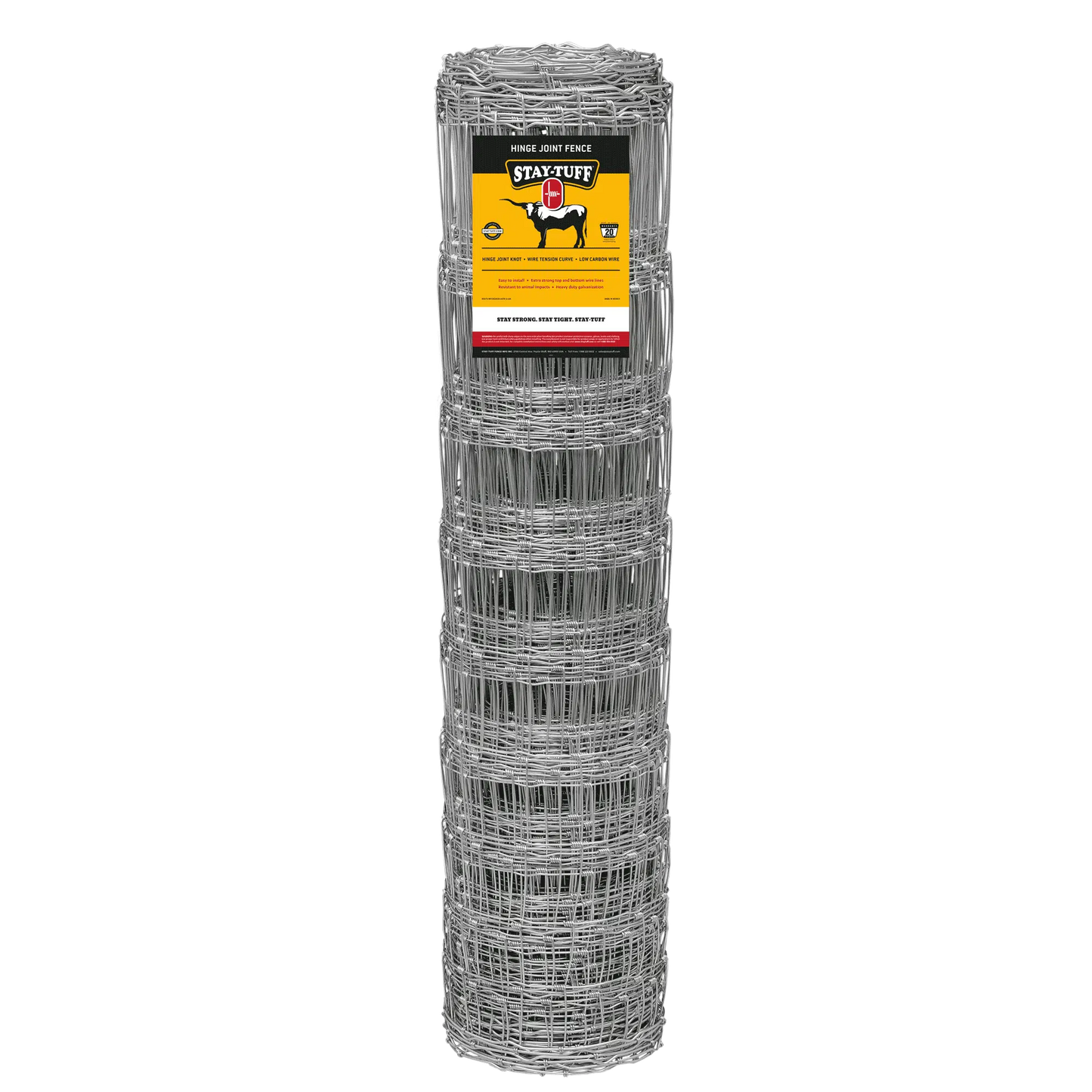 A roll of silver metal fence on a black background, with a STAY-TUFF label indicating the brand.