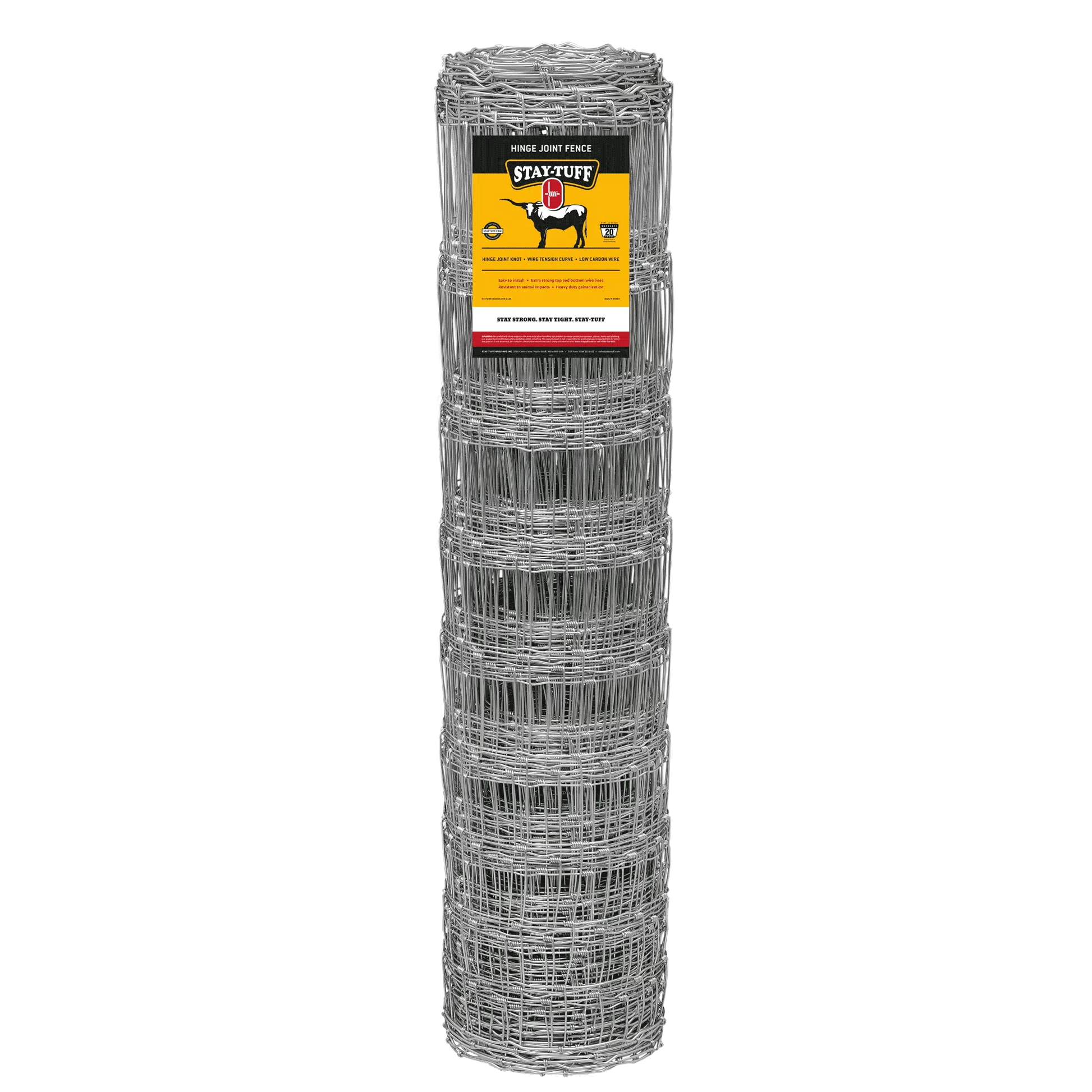 A roll of silver metal fence on a black background, with a STAY-TUFF label indicating the brand.