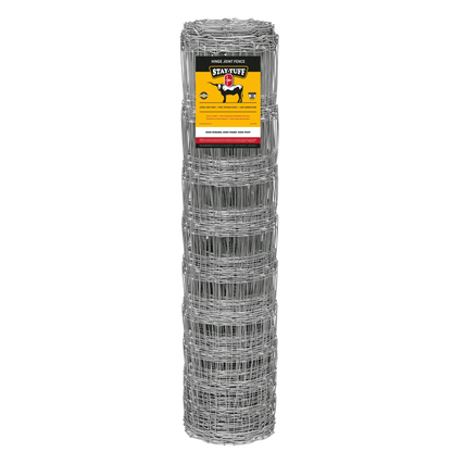 A roll of silver metal fence on a black background, with a STAY-TUFF label indicating the brand.