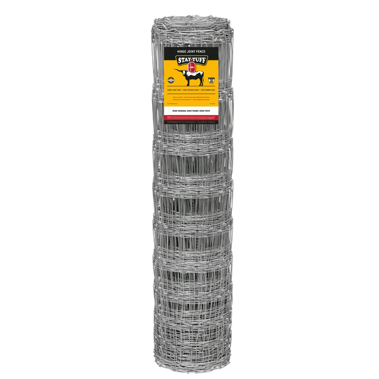 A roll of silver metal fence on a black background, with a STAY-TUFF label indicating the brand.